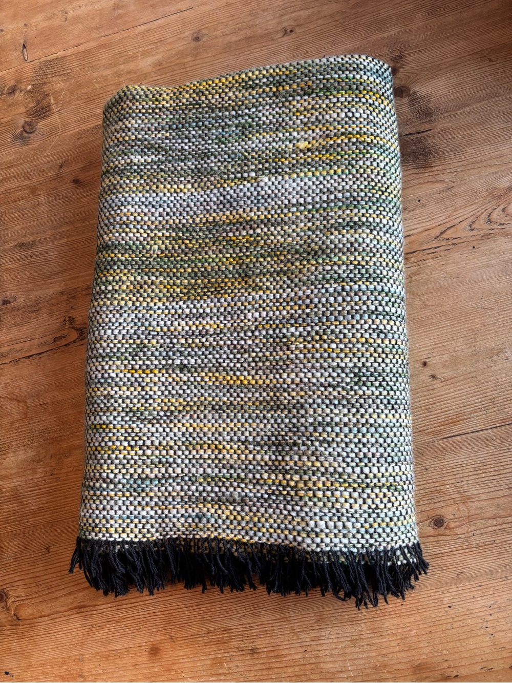 Crate & Barrel Woven Throw Blanket Black Fringe Grey Yellow 70x40 Bohemian Boho